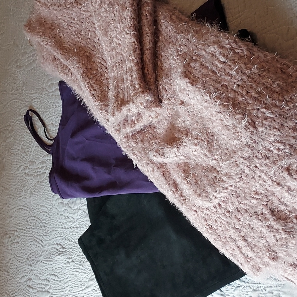 Outfit black sz 10 suede long skirt, LG pink soft sweater, xlg purple slip on